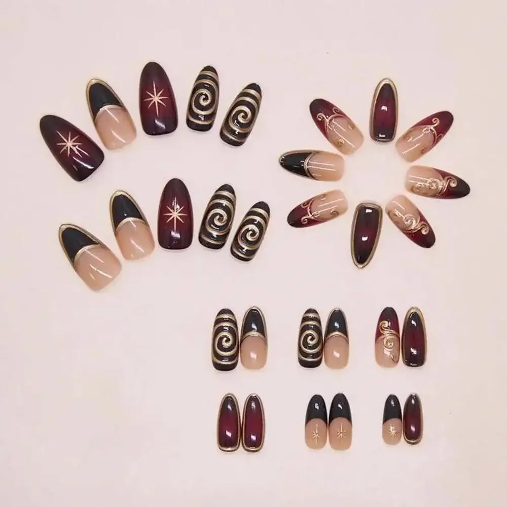 24Pcs Golden Lines Patterns False Nails Dark Purple Blush French Fake Nails for